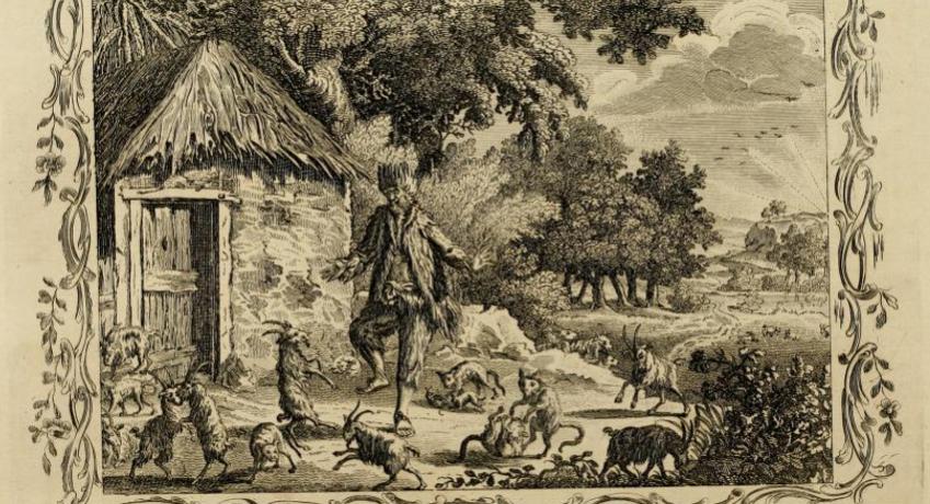 Alexander Selkirk on the Island of Juan Fernandez, engraved for Drakes’ Voyages, 1780