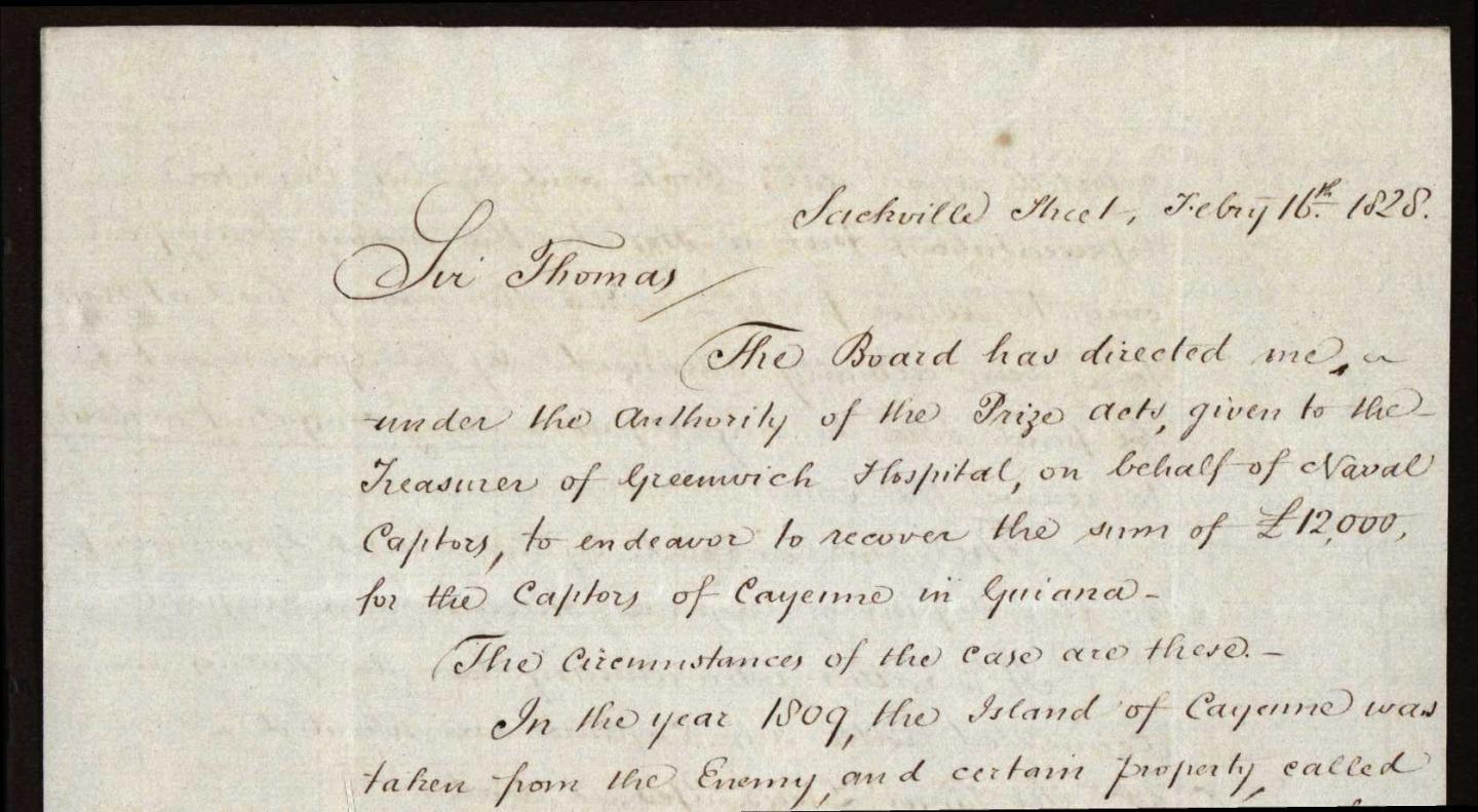 Letter from the Navy Board to Sir Thomas regarding the recovery of prize money owed by France to the British captors of Cayenne, Guiana in 1809