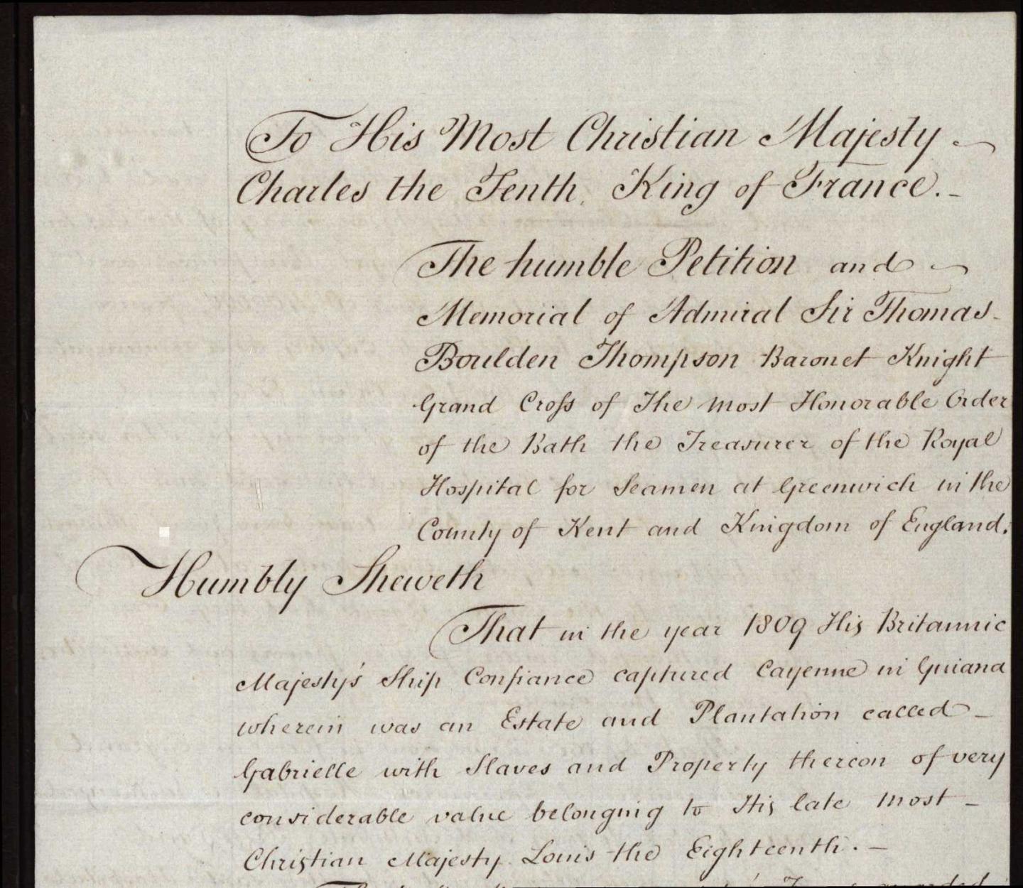 Draft copy of a petition and memorial to the King of France for the recovery of prize money owed to the captors of Cayenne