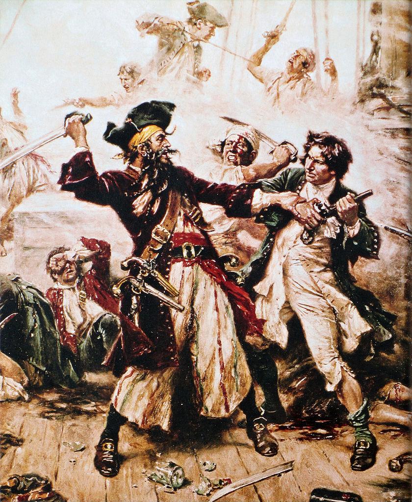 Capture of the Pirate, Blackbeard, 1718 depicting the battle between Blackbeard the Pirate and Lieutenant Maynard in Ocracoke Bay