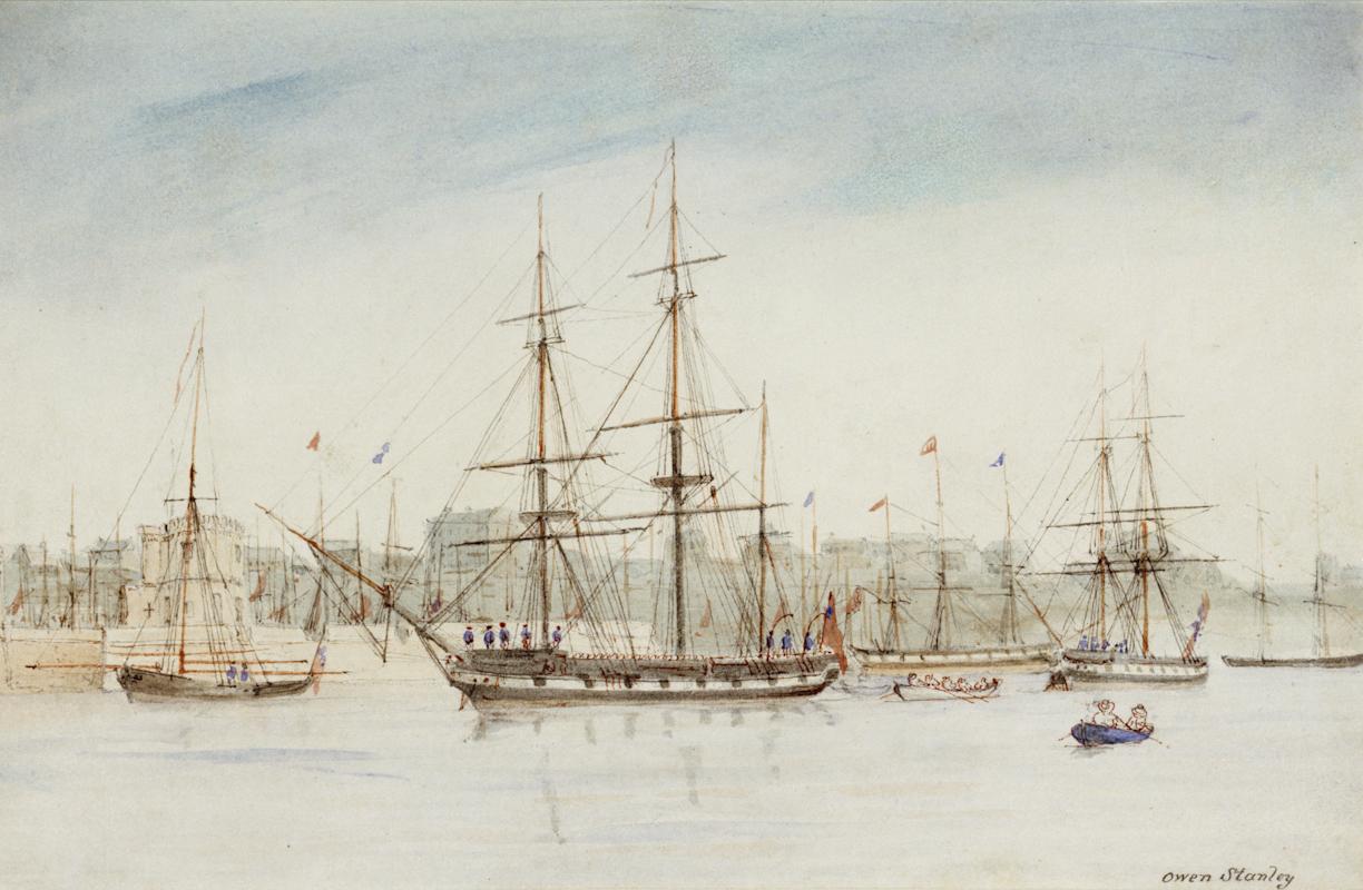 The survey ship HMS 'Beagle' in Sydney harbour 