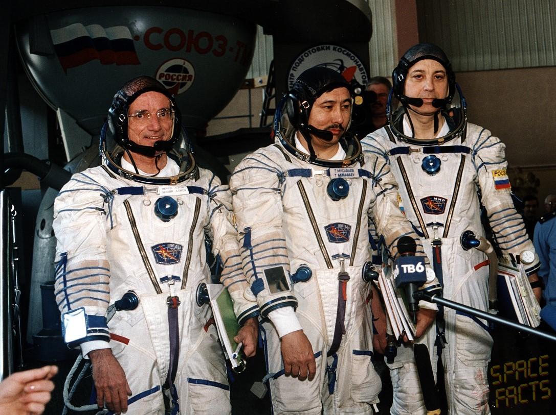 Dennis Tito, the world's first space tourist with pilots, Talgat Musabayev and Yuri Baturin Dennis Tito, the world's first space tourist with pilots of the Soyuz TM-32, Talgat Musabayev and Yuri Baturin (source: Wikicommons)