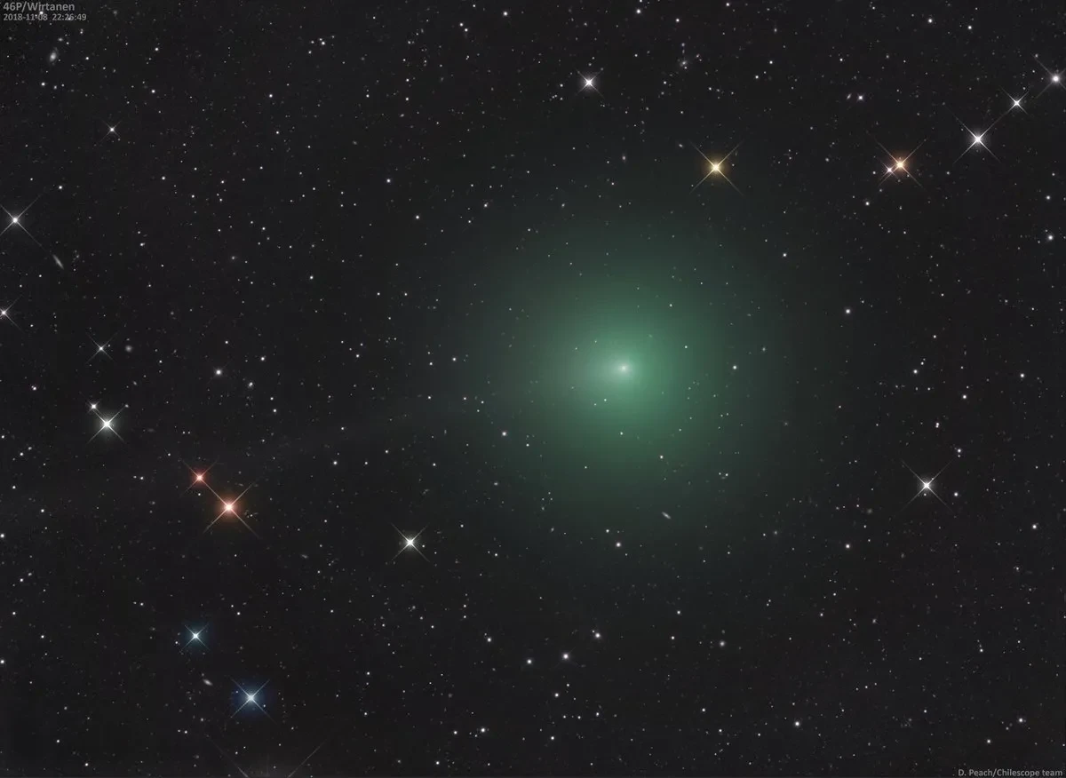 A bright green comet in a starry sky.