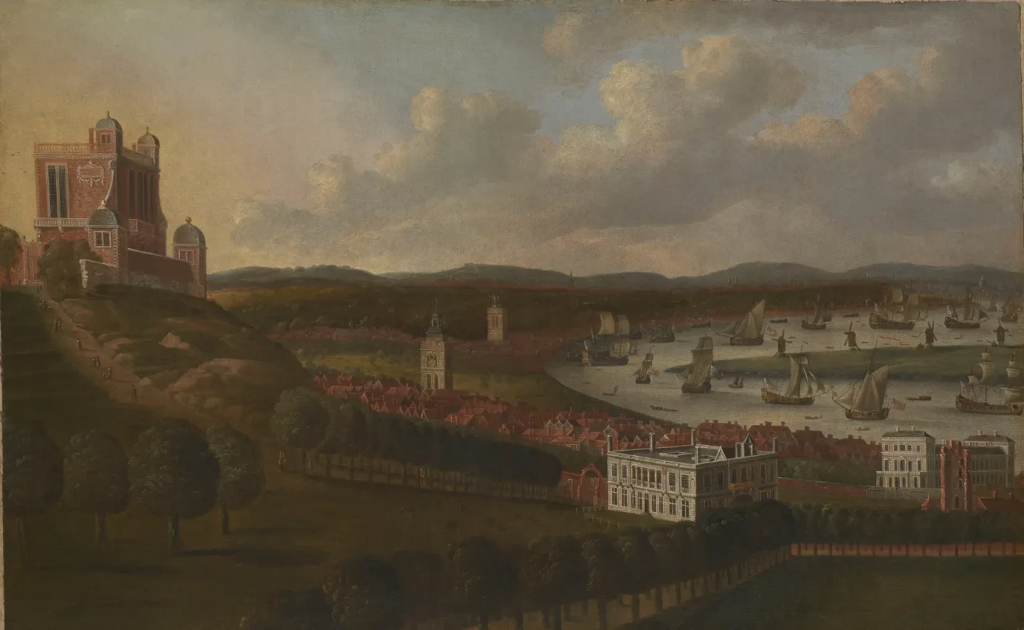 Painting showing Greenwich, the Royal Observatory and ships on the Thames.