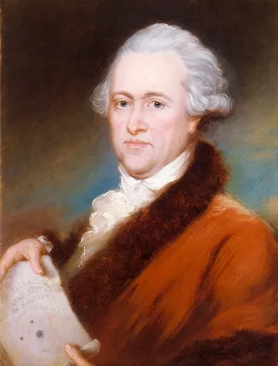 Portrait of William Herschel in a short white wig and red coat, holding a scroll with astrological drawings.
