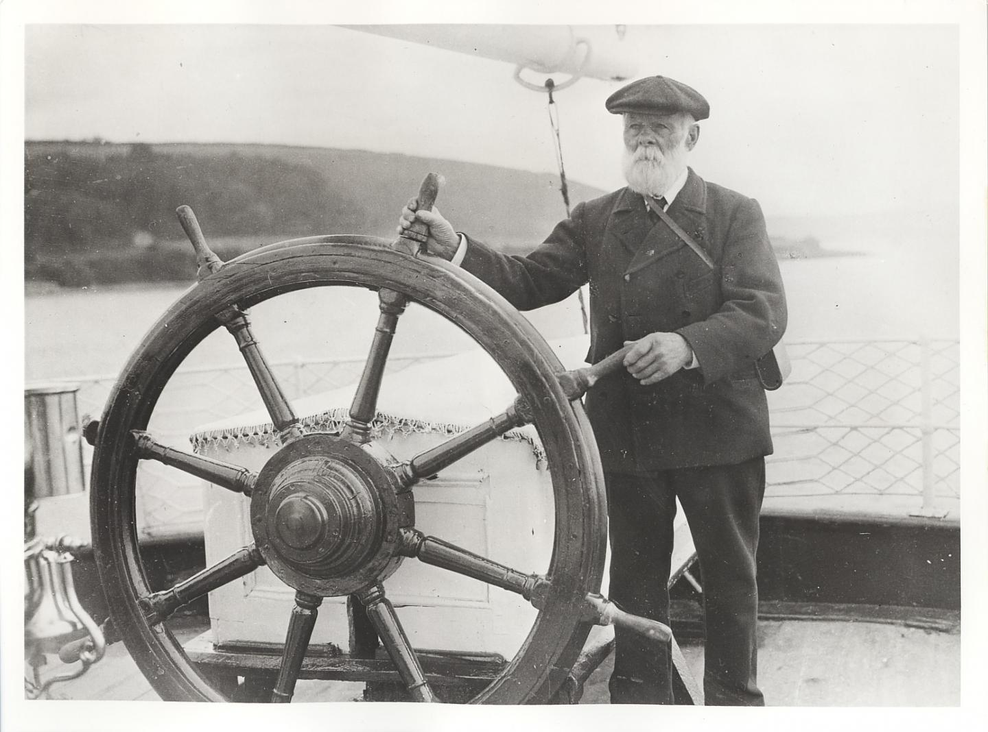 Captain Woodget at ship's wheel, Falmouth c.1924