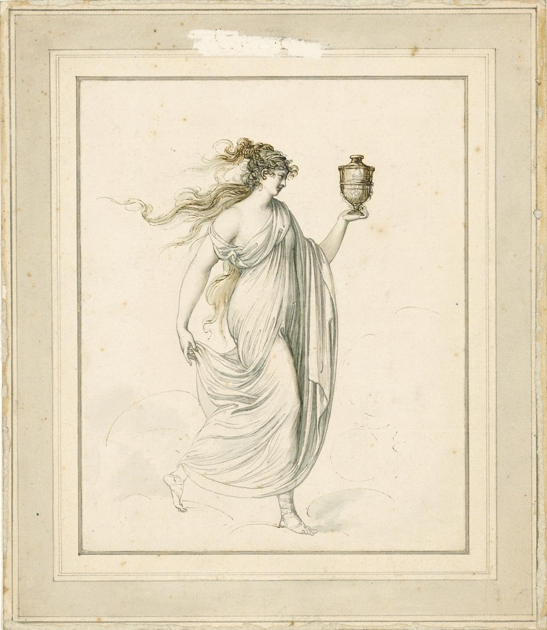 Emma Hart afterwards Lady Hamilton as the goddess of health while being exhibited in that character by Dr Graham in Pall Mall by R Cosway