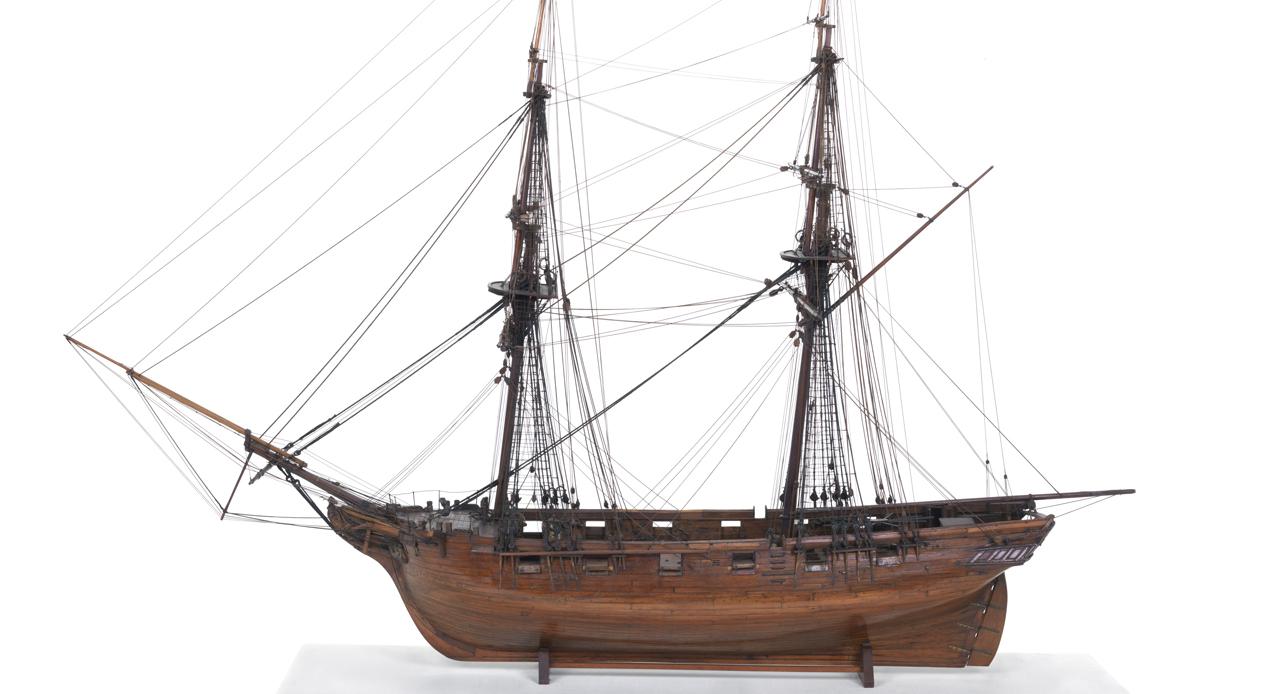 A model of a 10-gun brig similar to the Beagle before being re-rigged as a barque with three masts (SLR0713, National Maritime Museum)