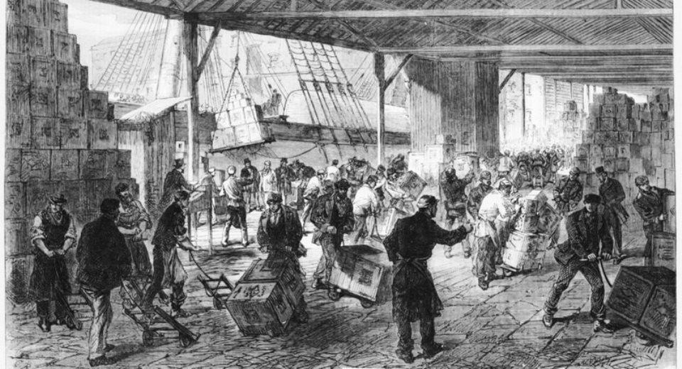 Unloading tea ships in the East India docks
