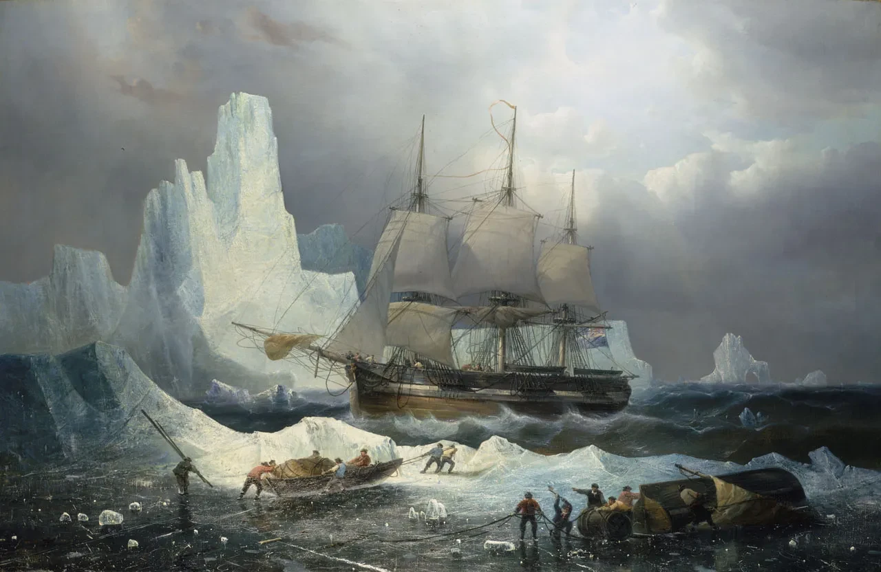 Painting of HMS Erebus amongst icebergs.