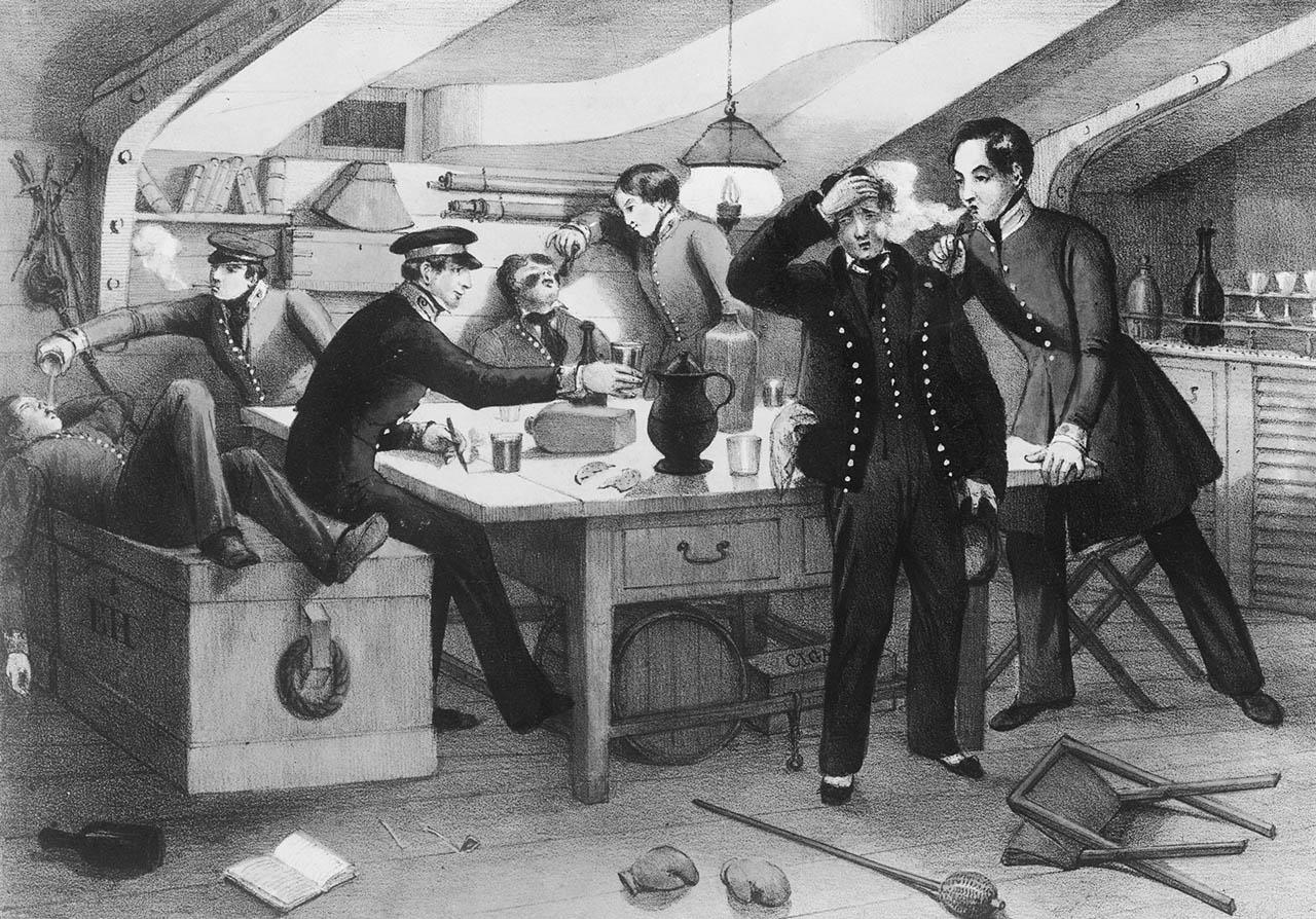 A caricature of sailors drinking rum on the mess deck.