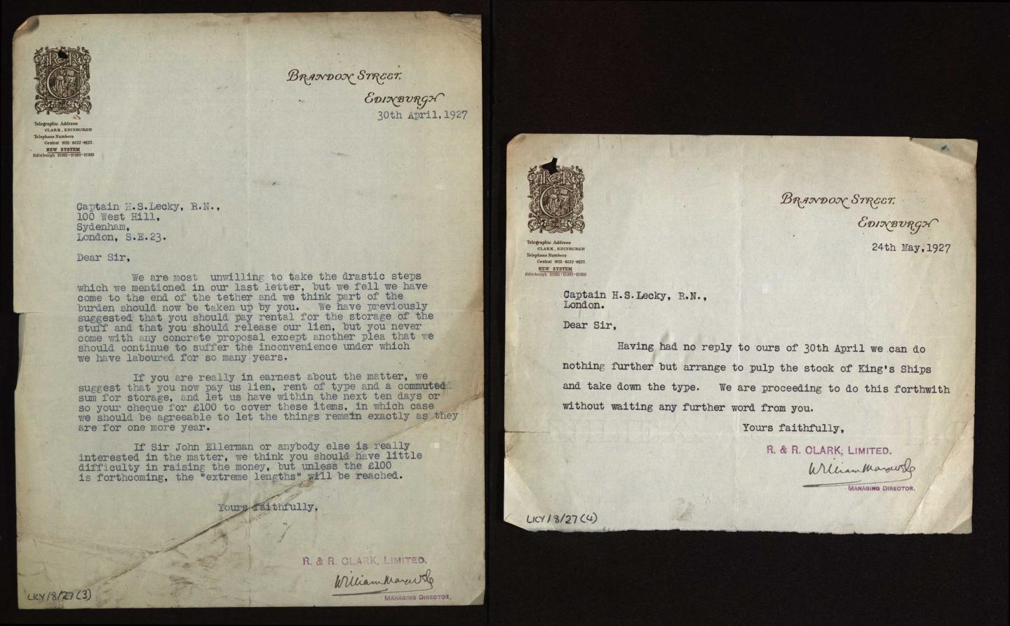 Final two letters to Lecky from the printers R. & R. Clark Ltd, (LKY/8/27(3) and (4))