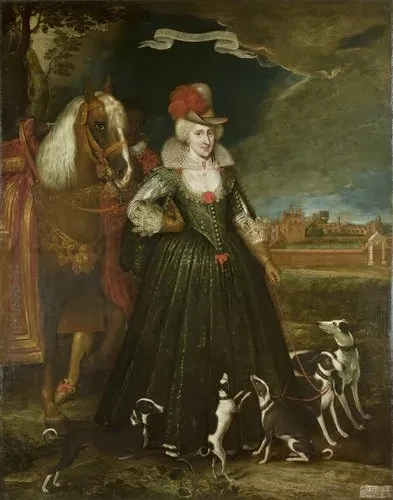 Painting of Anne of Denmark with a horse and dogs