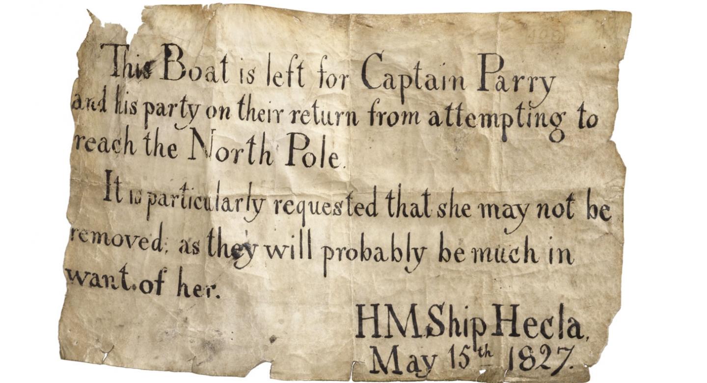 Note left on a boat during William Parry's expedition to find the North Pole (National Maritime Museum)