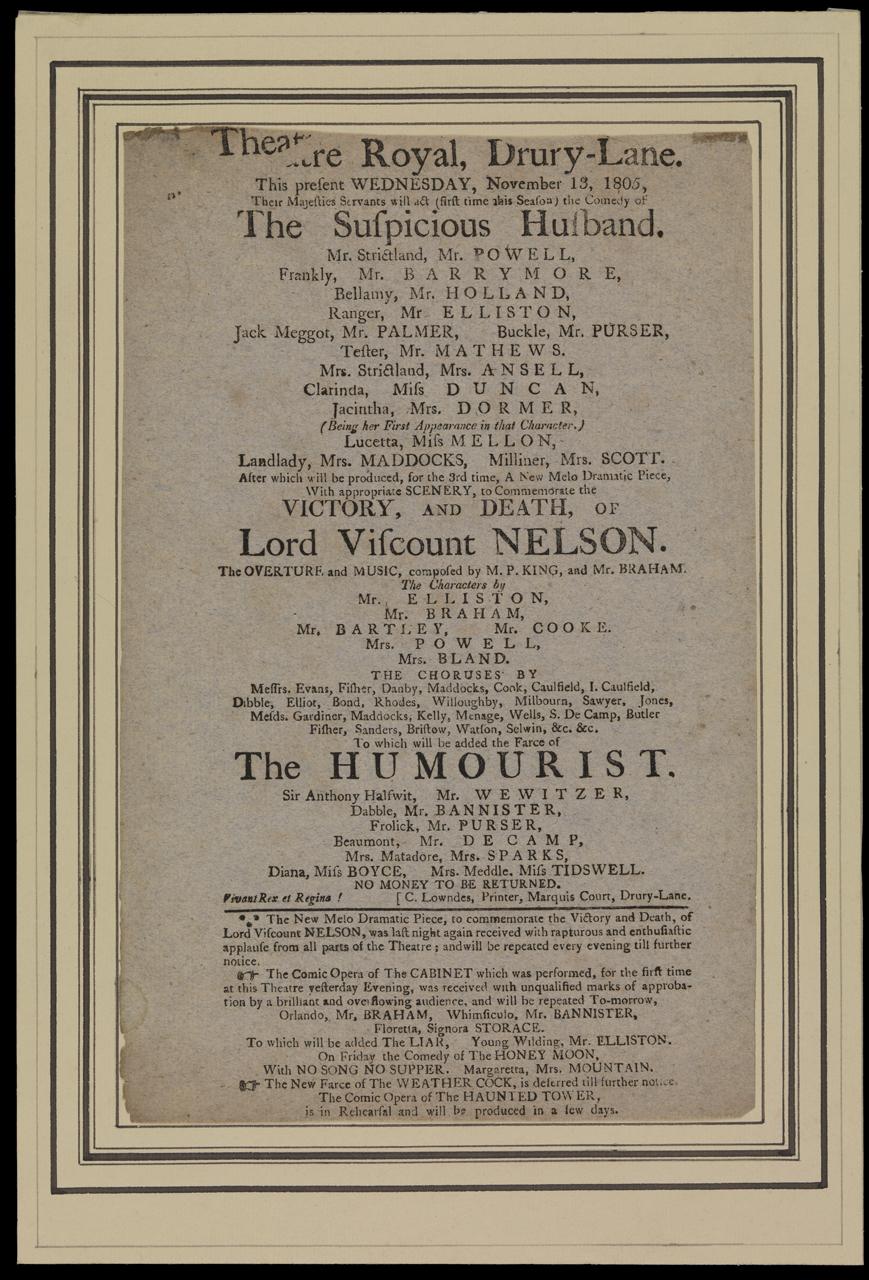 Playbill. Theatre Royal, Drury-Lane, 1805
