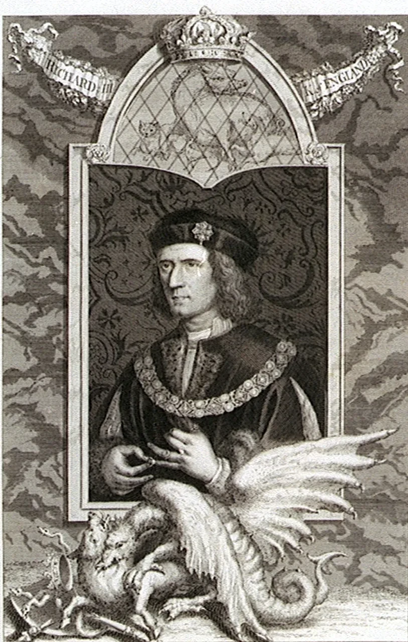 Black and white engraving of Richard the third with insignia and heraldic creatures.