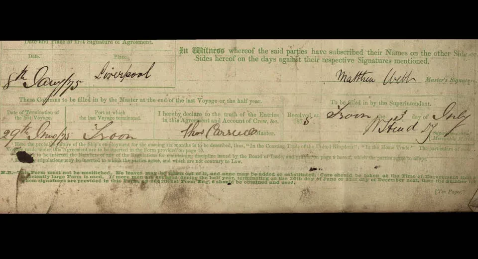 Webb’s signature as master on the Emerald’s Crew List from 1875