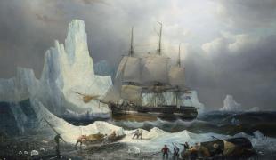 Painting of HMS Erebus stuck in the ice.