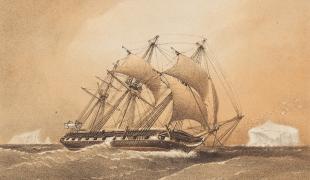 A print of scientific research ship HMS Challenger under sail, with icebergs in the background