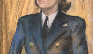 A pastel portrait of a female naval officer looking to the side and wearing a blue uniform and a hat