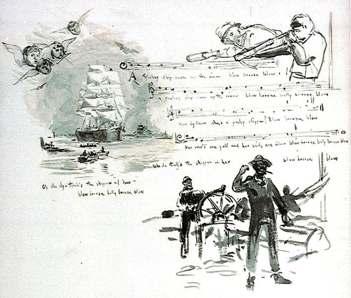 Sea shanty lyrics and small illustrations of life on board a ship