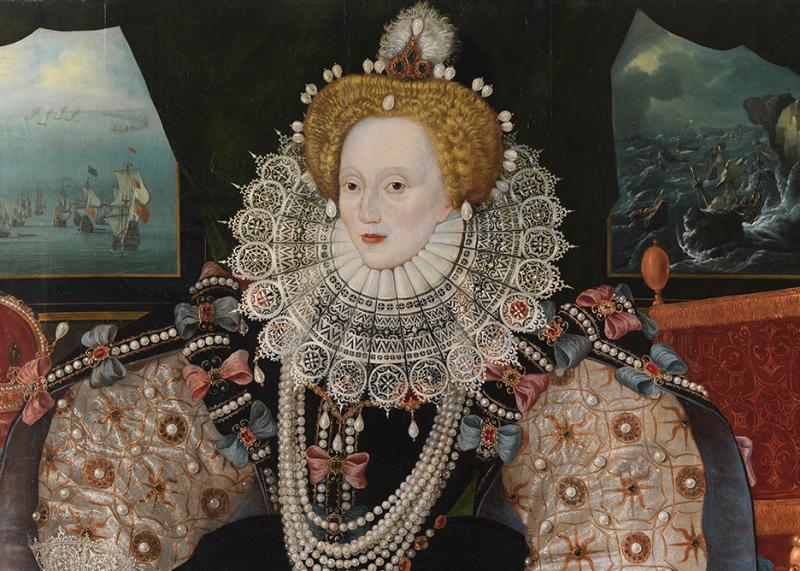 The iconic portrait of Elizabeth I, with the Queen's face framed with an elaborate lace ruff