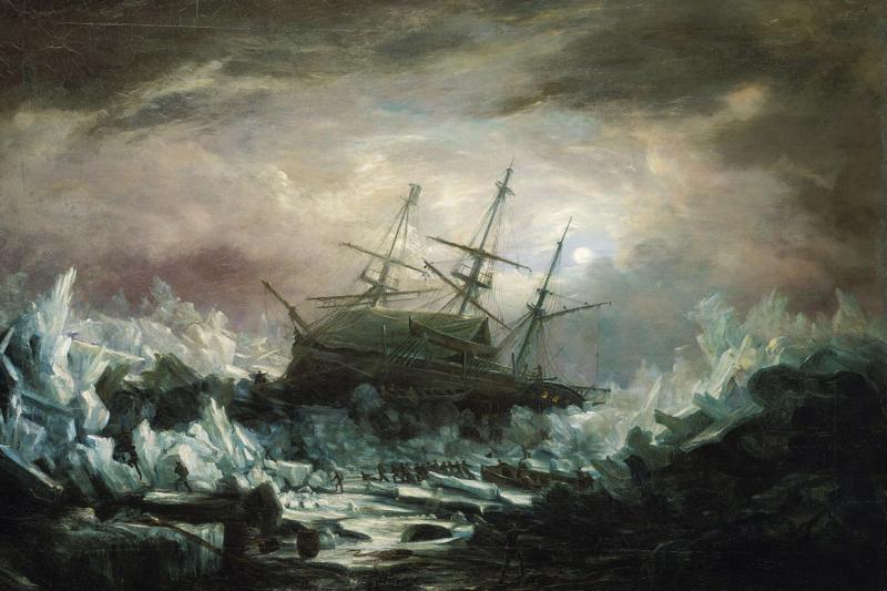 A dramatic oil painting of the HMS Terror stuck in the ice, with dark figures attempting to haul sledges across broken ice sheets