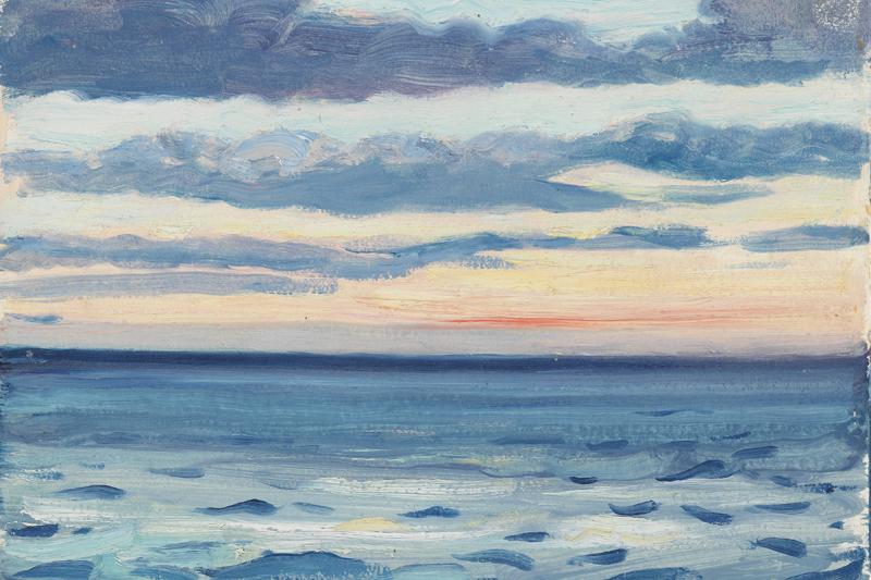 A serene seascape sketch with calm waters and an orange tint to the sky
