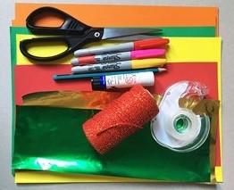 colured paper, scissors, coloured pens, glue stick, string, sellotape