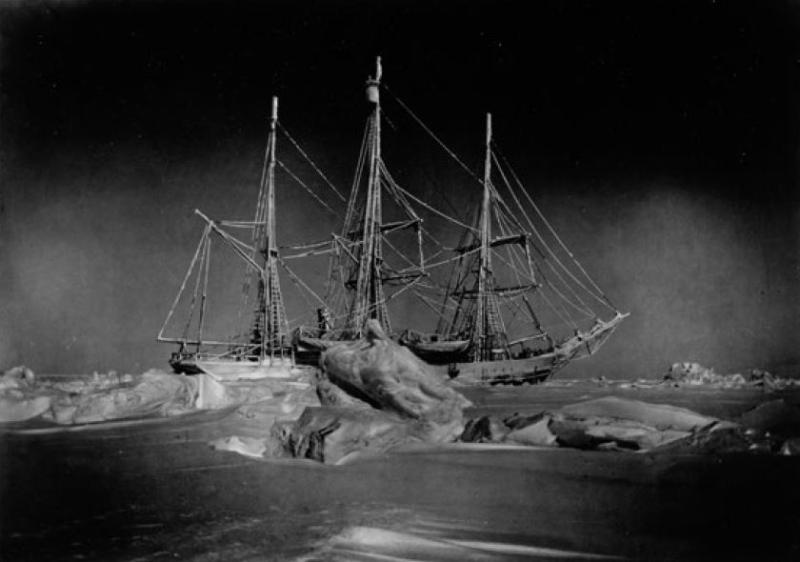 Photograph of the ship, Belgica, stuck in the ice