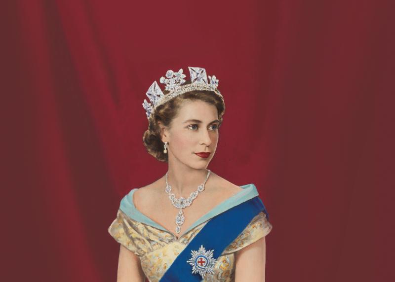 A portrait of a young Elizabeth II against a red backdrop