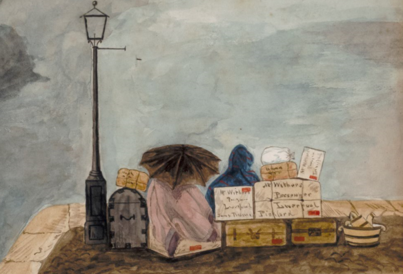 A watercolour image of two people sitting at Liverpool Wharf amongst their suitcases, one holds an umbrella.