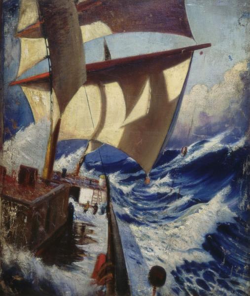 An oil painting of a ship being washed over by high waves