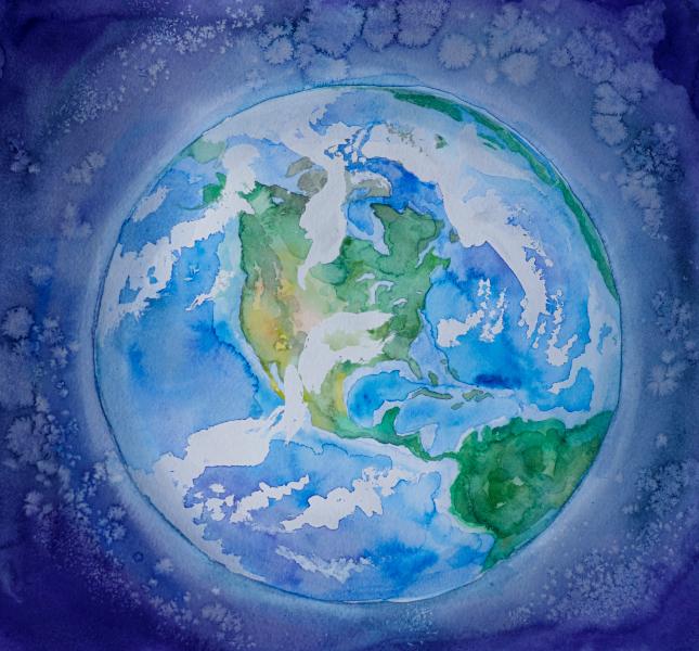 A watercolour depiction of the globe on a blue background