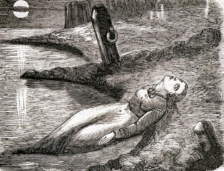 An etching of a drowned woman found on the banks of the River Thames. The victim is one the 640 who drowned in the Princess Alice disaster