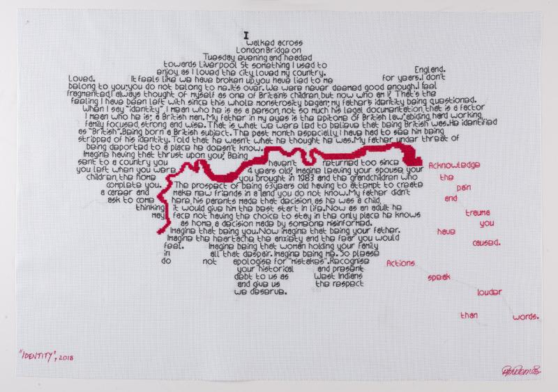 This embroidered map reflects on British identity, racism and government policy in text which forms the shape of London around a red River Thames. Because embroidery has become strongly associated with women’s work in a domestic context, it is a particularly powerful medium for the artist’s challenge to the unjust treatment of her father, a victim of the Windrush scandal which saw the denial of legal rights, detention and deportation of Caribbean commonwealth citizens. 
