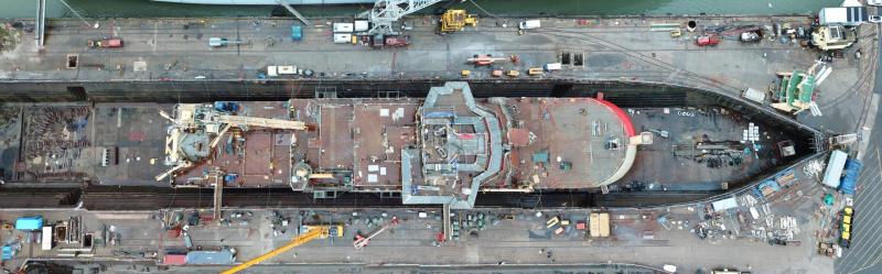 An overhead photo of the RRS Sir David Attenborough during construction in the Cammell Laird shipyard