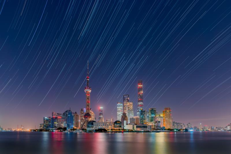 Star trails over the Lujiazui City Skyline