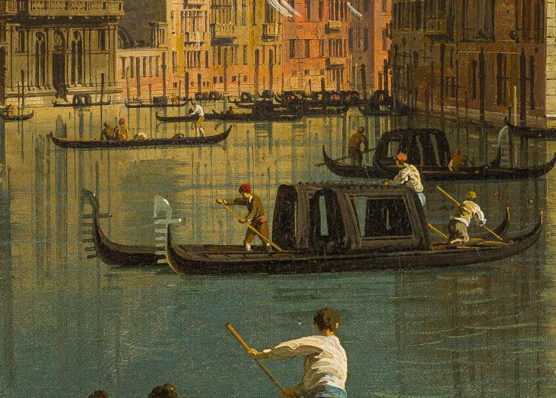 A close up view of a gondola in a painting of Venice by Canaletto