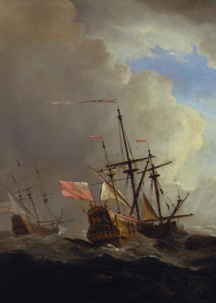 Oil painting showing a sailing ship in a building storm, with dark waves and heavy clouds. In the distance the clouds are lifting and blue sky is visible