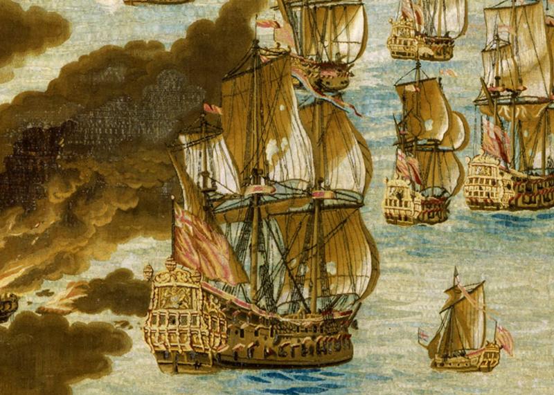 A close up of the historic Solebay tapestry by Willem Van de Velde, showing part of a naval fleet with smoke billowing in from the left hand side of the picture