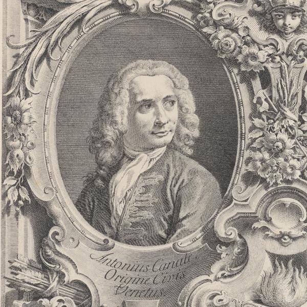 An etching of artist Canaletto. The artist has curly hair down to his shoulders, and is looking over his shoulder to his left