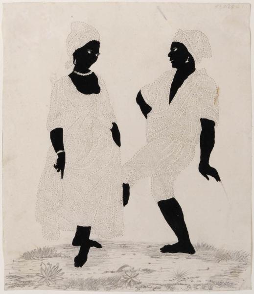 Two women dancing, their bodies have been done in watercolour, and their clothing with prickwork.