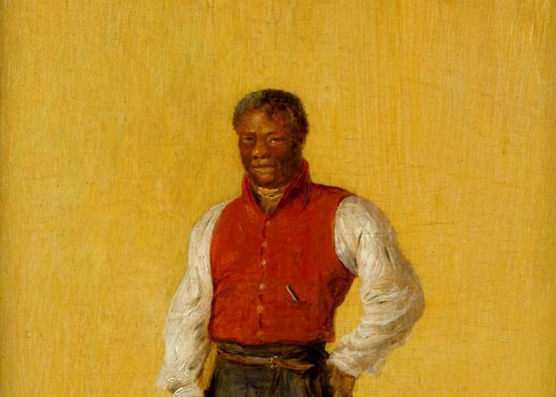 A portrait of a man in a red waistcoat with a yellow background