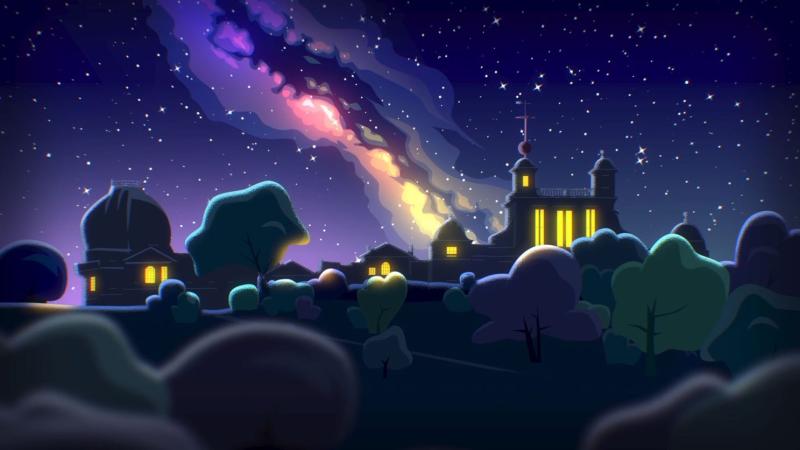 Still from an animation showing the Milky Way galaxy over the Royal Observatory Greenwich