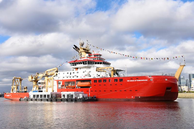 The red polar research ship Sir David Attenborough moored in Greenwich