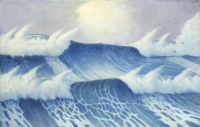 2 large waves with white form on top of each and a sky with cloud above