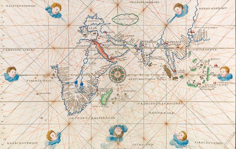 A hand-drawn map of the Indian Ocean, made in Venice in 1555
