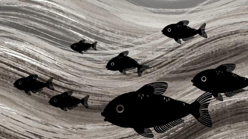 A black and white illustration of fish swimming through the sea, part of an animated film