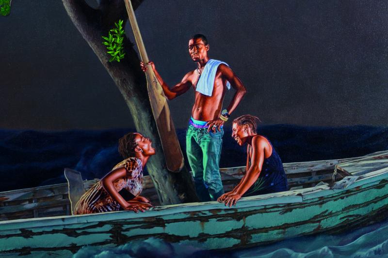 A close-up of the artwork Ship of Fools by Kehinde Wiley, showing three figures in a boat